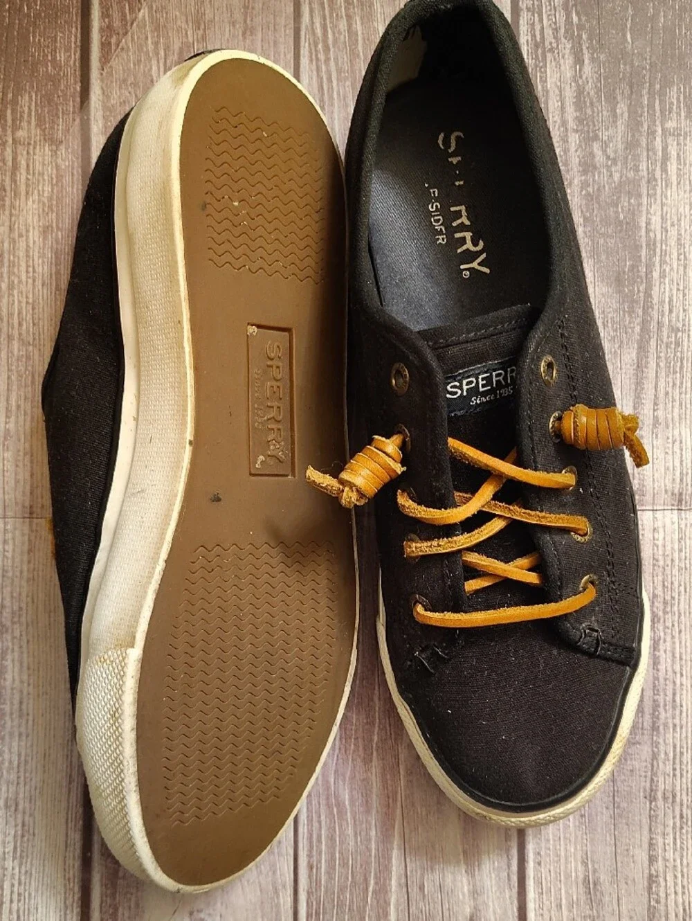 Sperry Black Canvas Sneakers with Yellow Laces